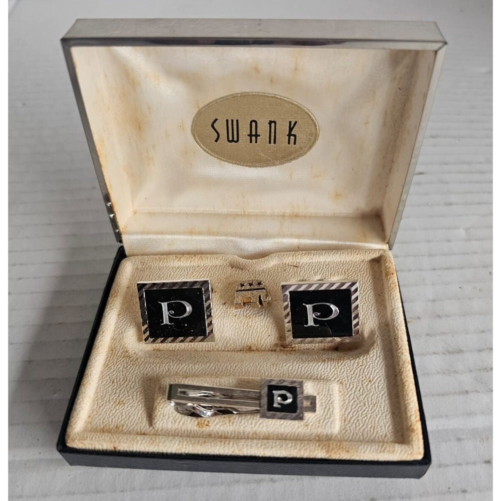 VTG Swank Tie Clip Bar Cufflink Set Letter Initial P Silver Tone & Black in Box